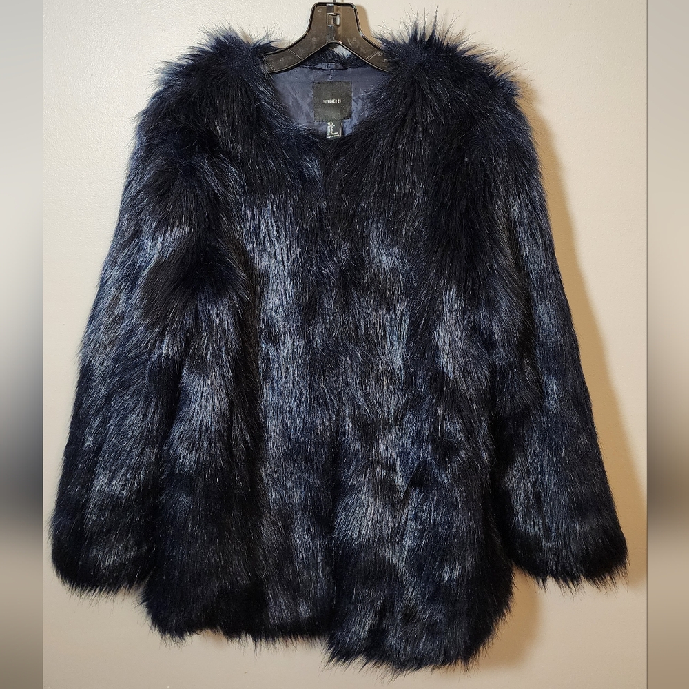 Forever 21 Navy Blue Faux Fur Collarless Coat Jacket Size L Large